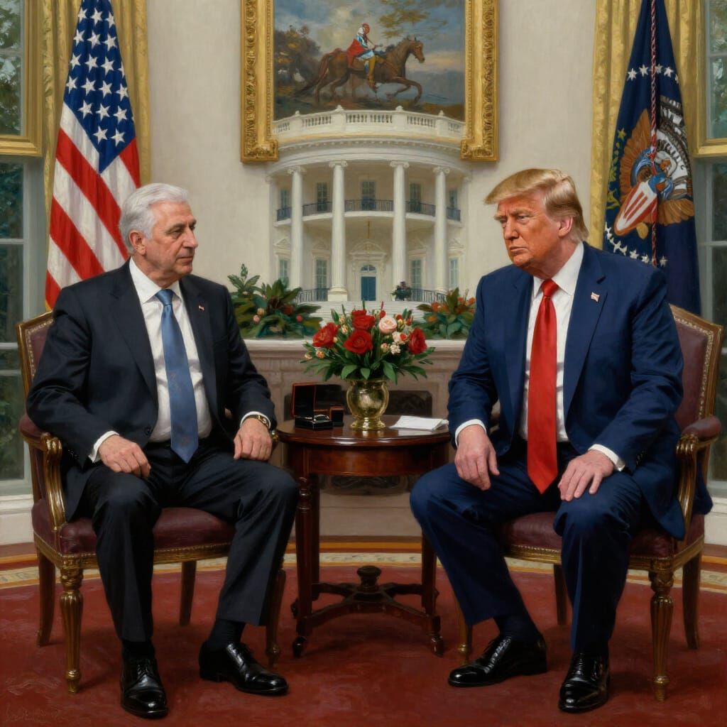 Peres and Trump Meeting at White House Oil Painting