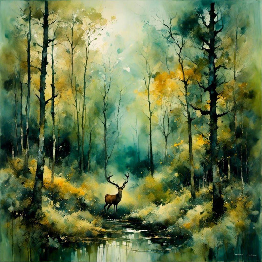 <lora:Moonscape:1.0> moody forest in autumn, a startles deer...