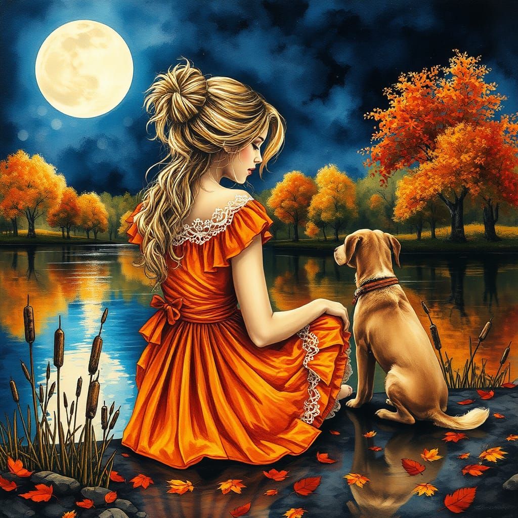"Stunning woman, blond wavy hair,messy bun, orange dress wit...