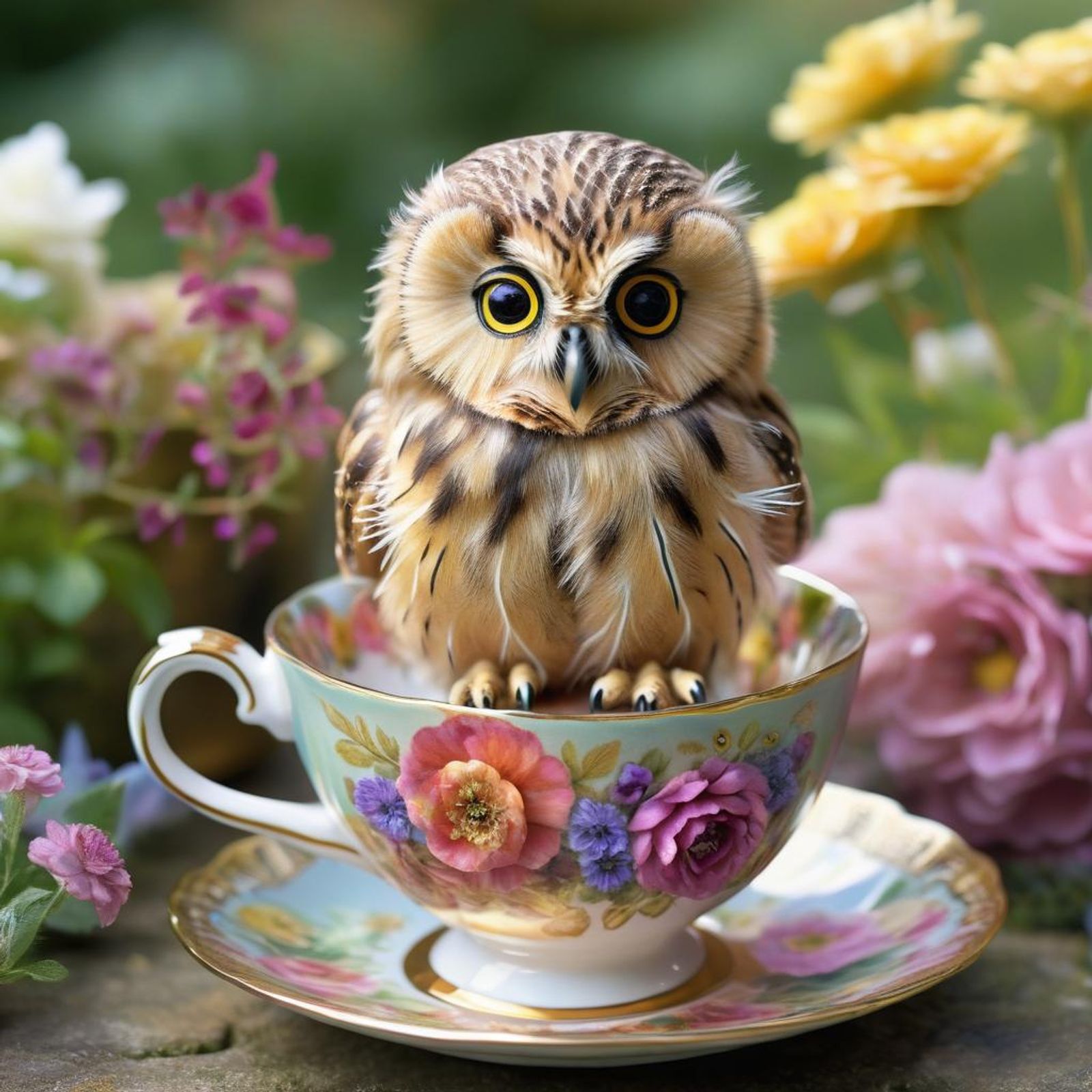 Cute little owl, sitting inside a pretty floral and gold teacup. - AI ...