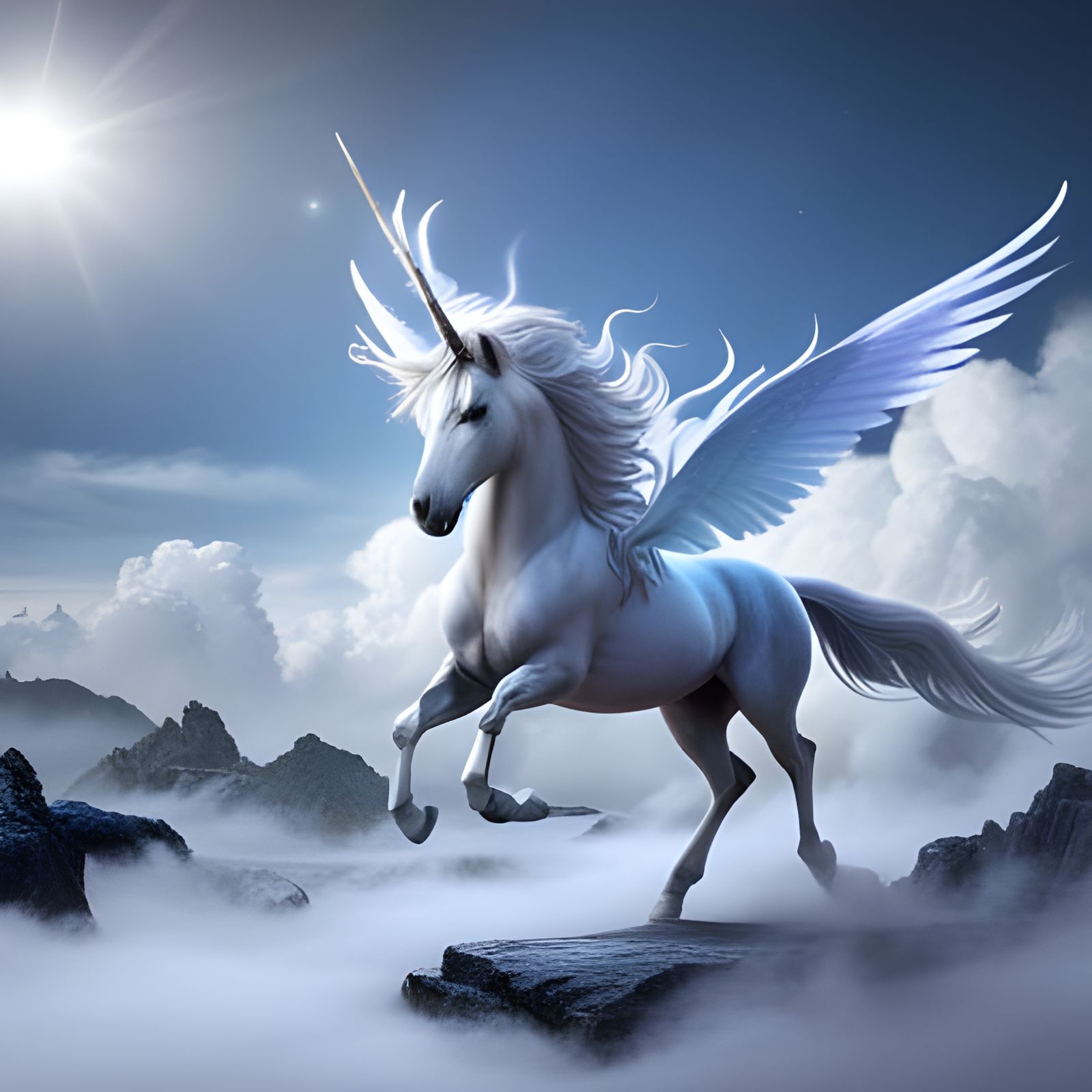 cloud blue colored unicorn running through fantasy land as lighting ...