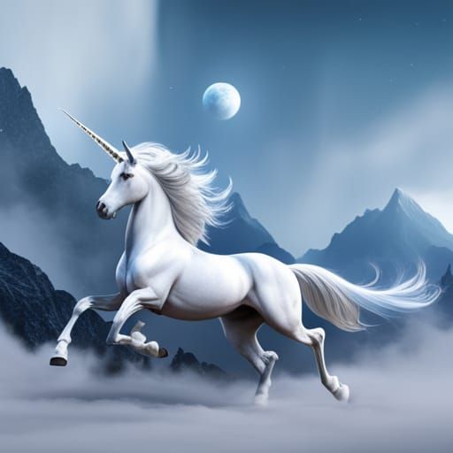 cloud blue colored unicorn running through fantasy land as lighting ...