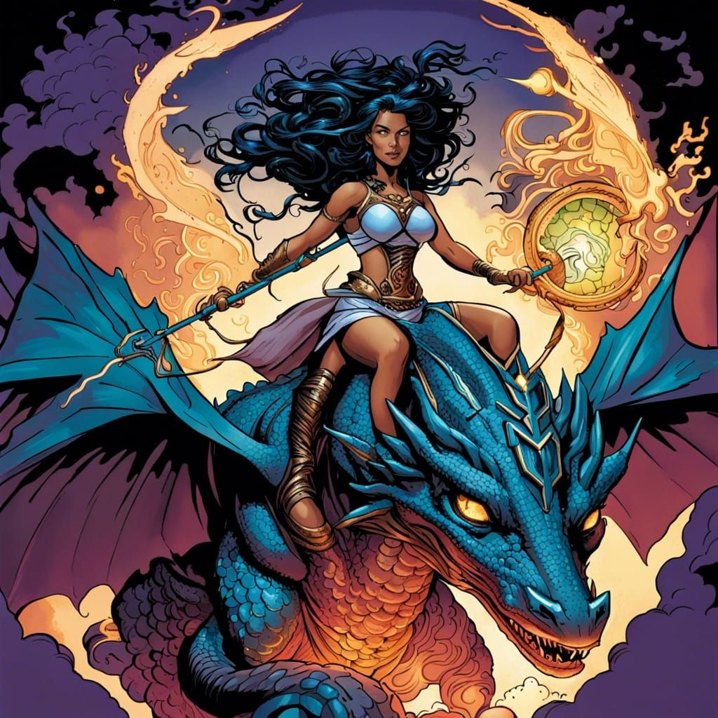 Goddess of Alchemy quantum powers, riding her dragon - AI Generated Artwork  - NightCafe Creator