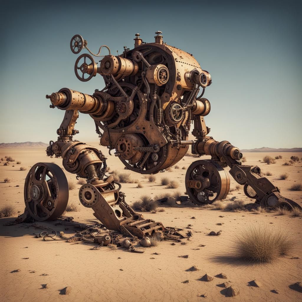 Remnants of an old massive robot lying dead in the desert
