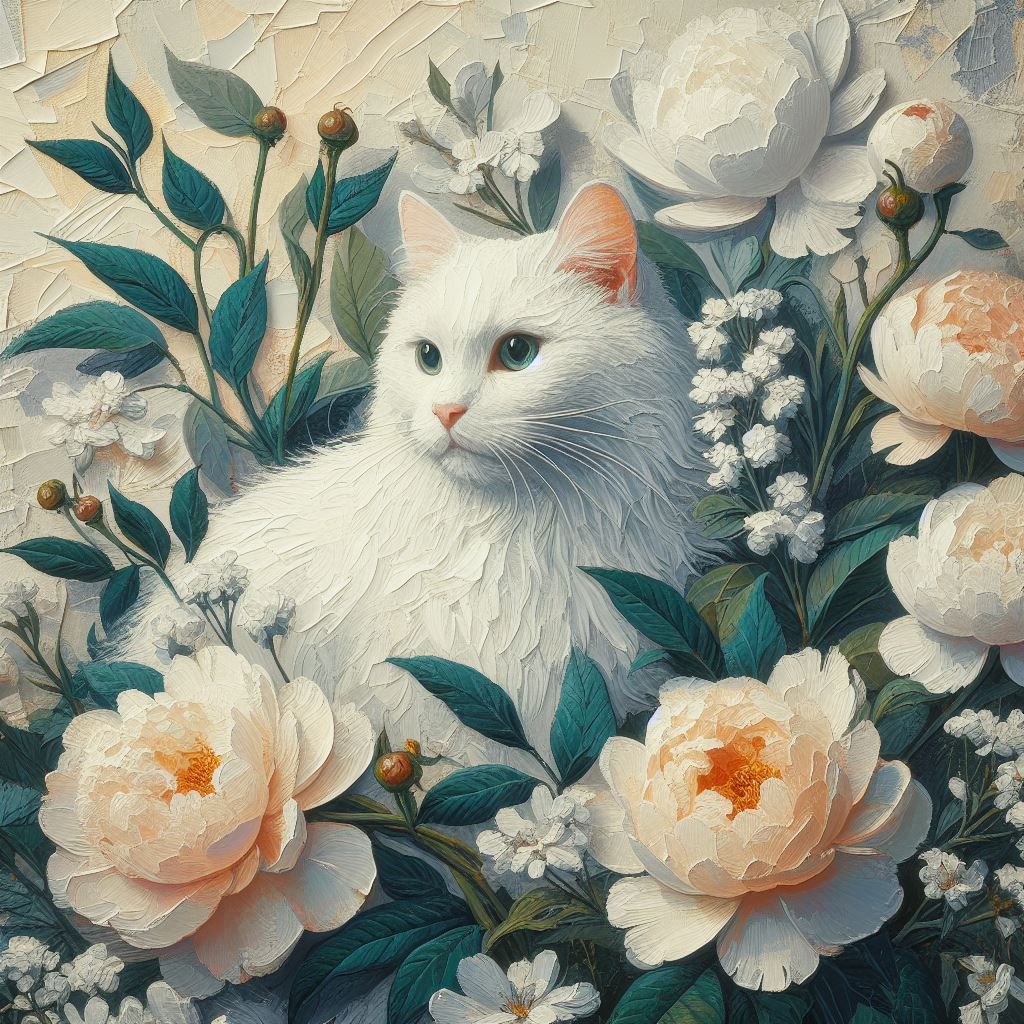 Cat with peonies