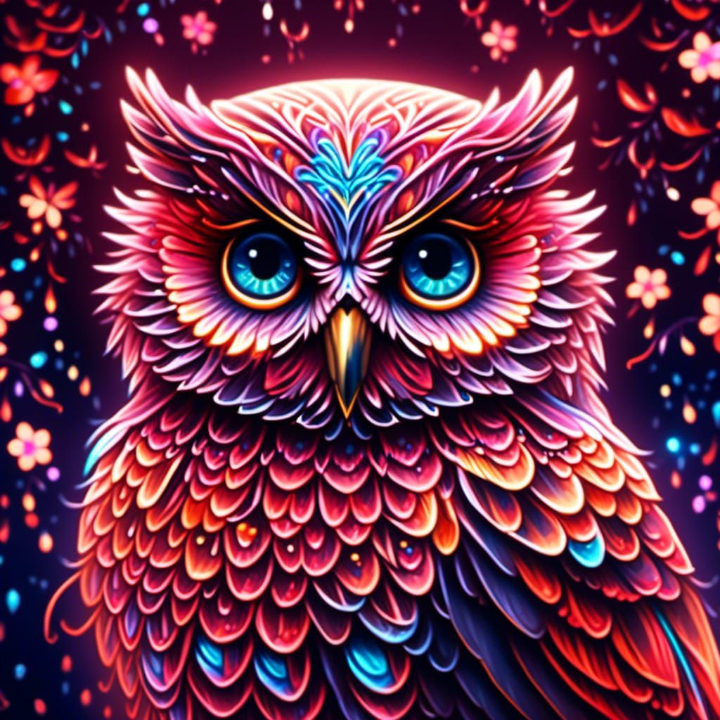<lora:The Sparkle Game:1.0> Imagine an enchanting close-up of an adorable owl, its feathers intricately detailed with neon red hues, as if t...