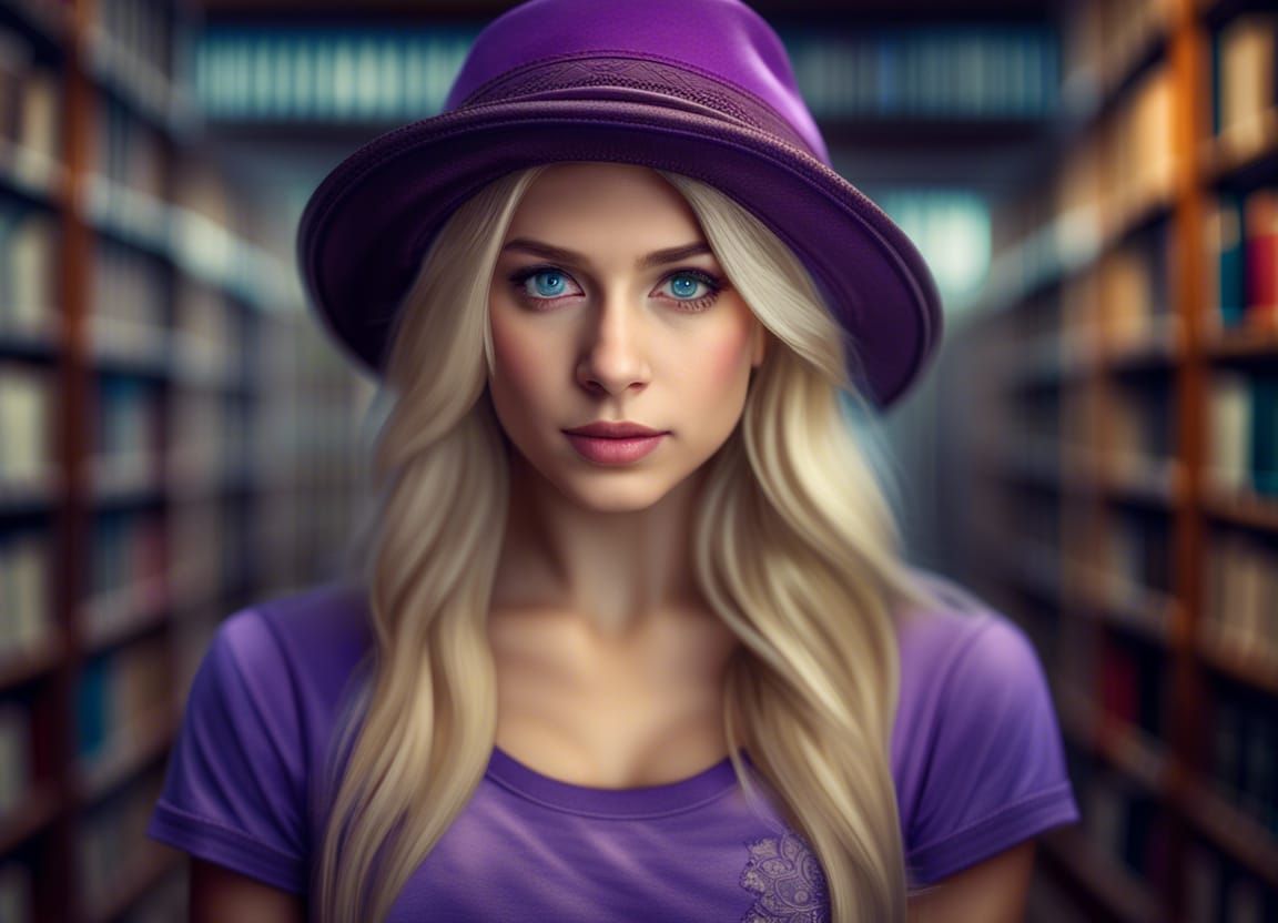 A gorgeous young magicienne wearing a purple hat.