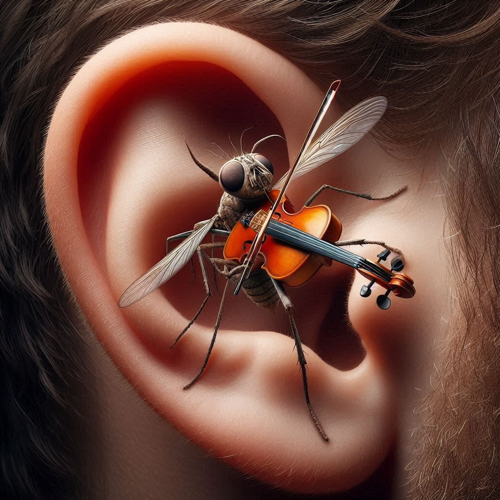 Mosquito playing a violin near a mans ear