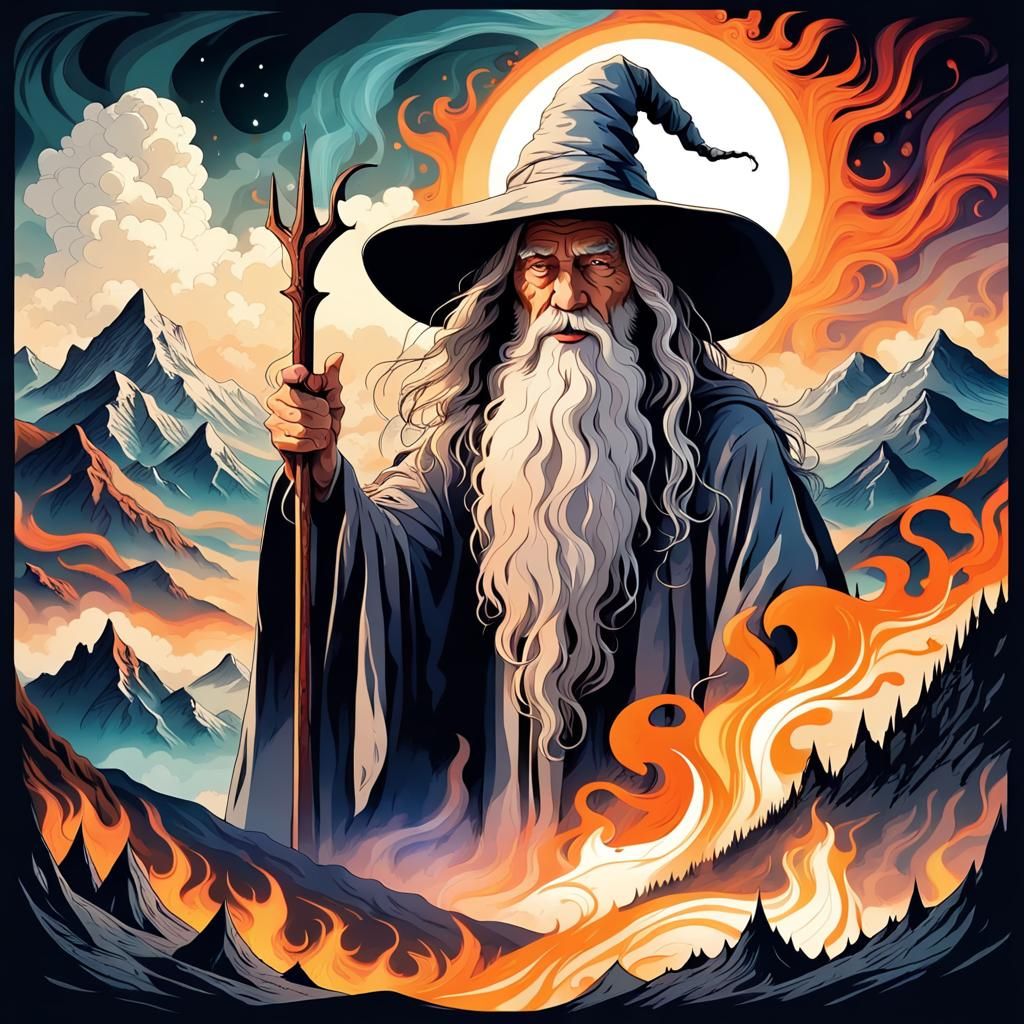 portrait of Gandalf the wizard standing in front of a mounta...