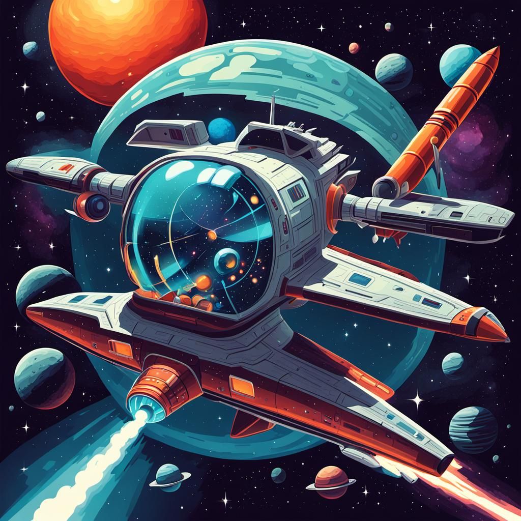 Retrofuturistic, cosmic, rocketship