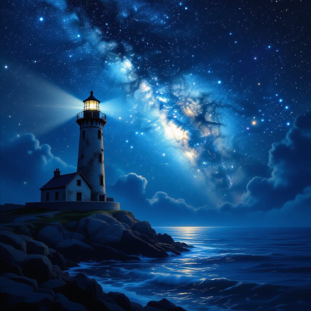 Lighthouse Under Cosmic Sky in Matte Painting Style