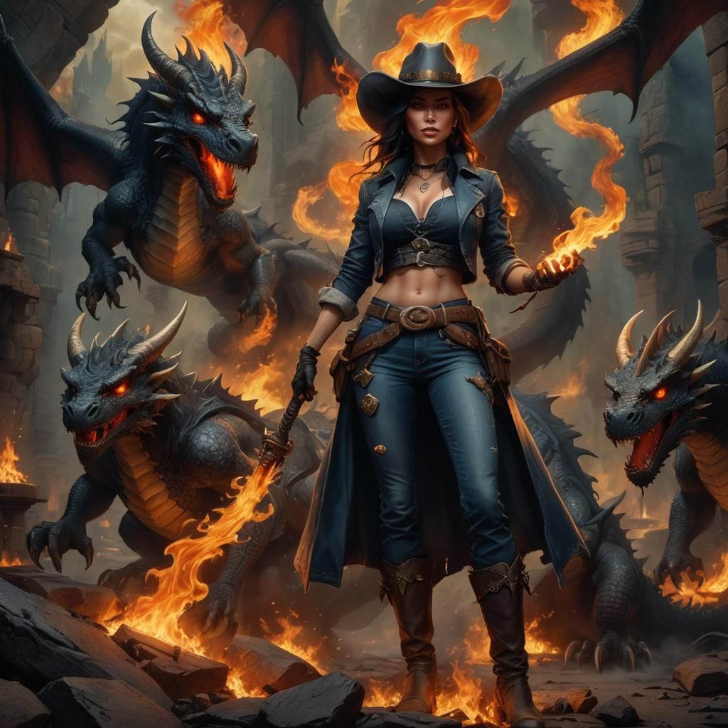 a beautiful cowgirl with flame tattoos dressed in jeans whit...