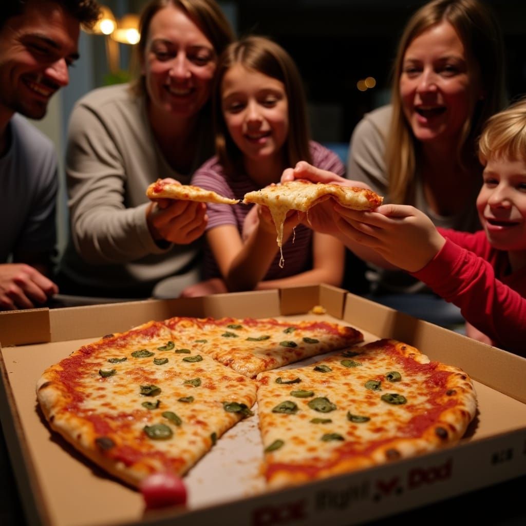 <lora:pizza:1.0> Families having a pizza party 