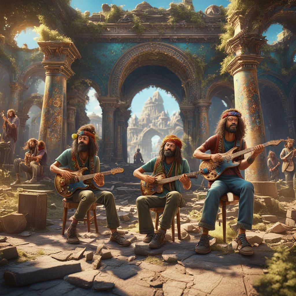 a hippie jam band playing music in an ancient abandoned city on a sunny ...