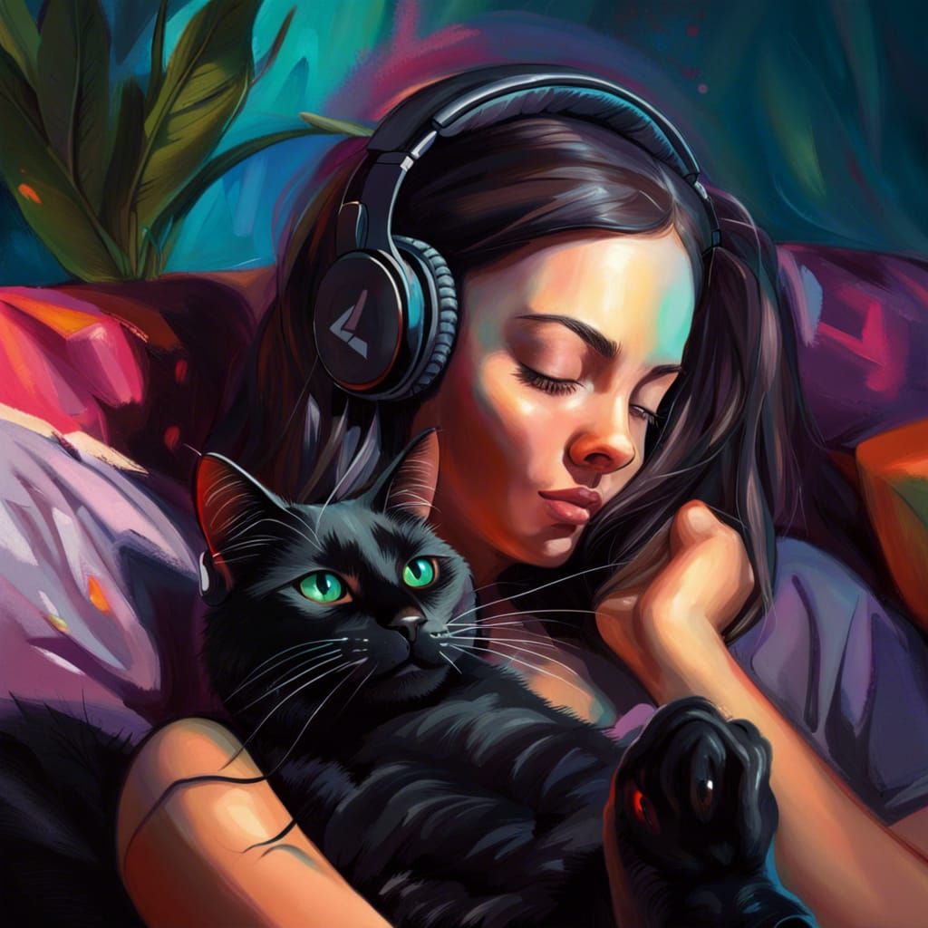 a girl on the couch listening to music with her headphones w...