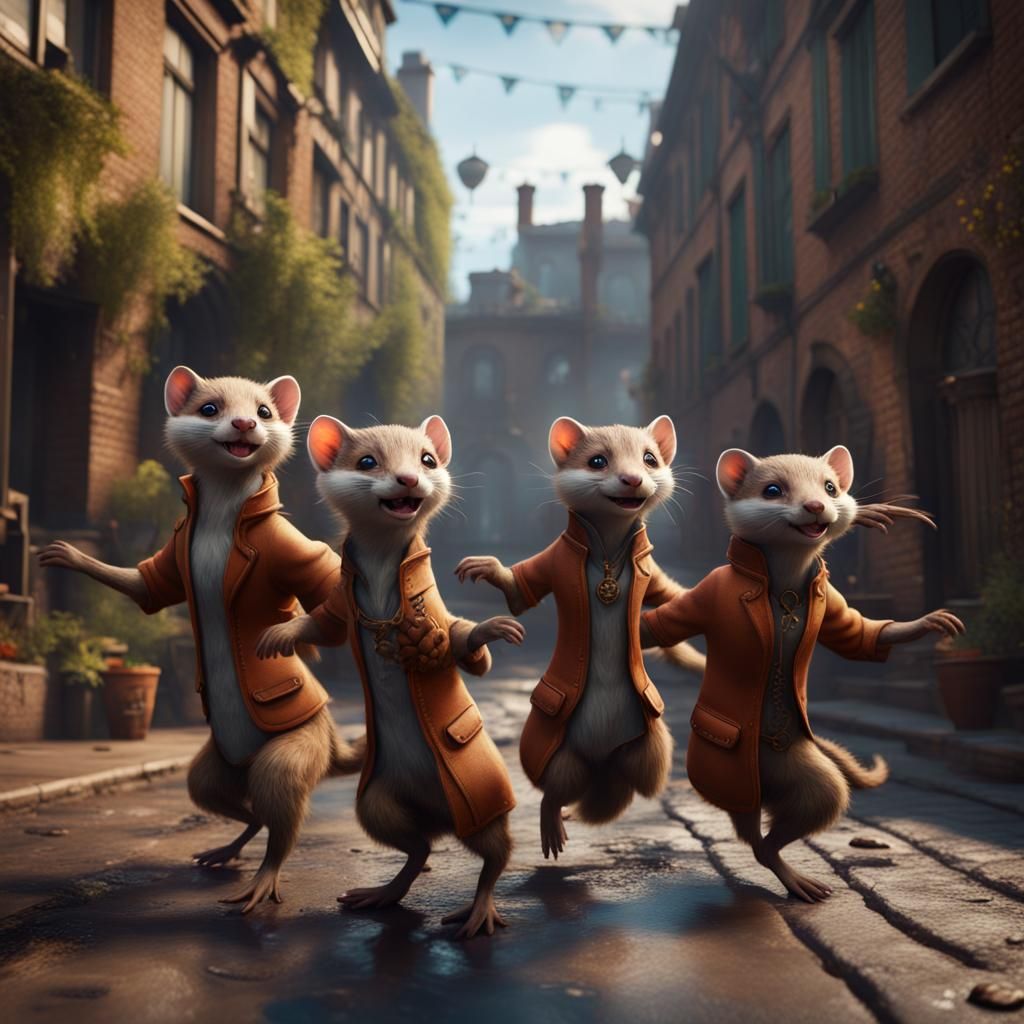 A group of weasels dancing in the street - AI Generated Artwork ...