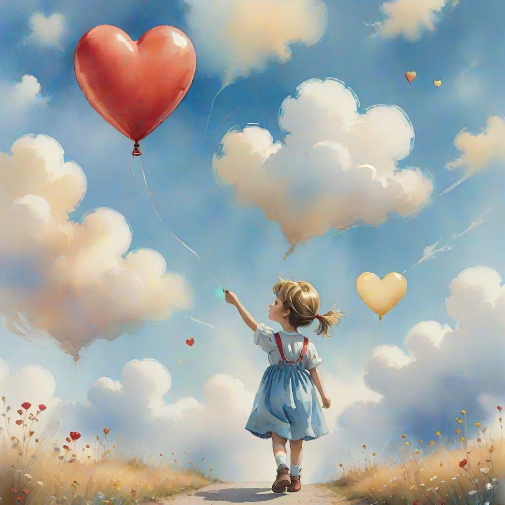 A child letting go of a red heart shaped balloon into the pale blue sky with white fluffy clouds  by @Paige Seale