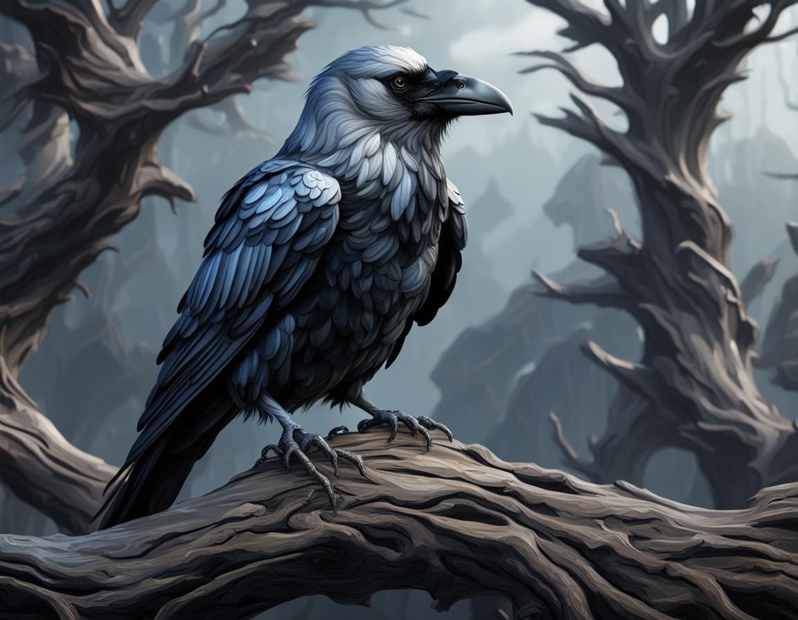 Silver colored Raven perched on a weathered tree limb - AI Generated ...