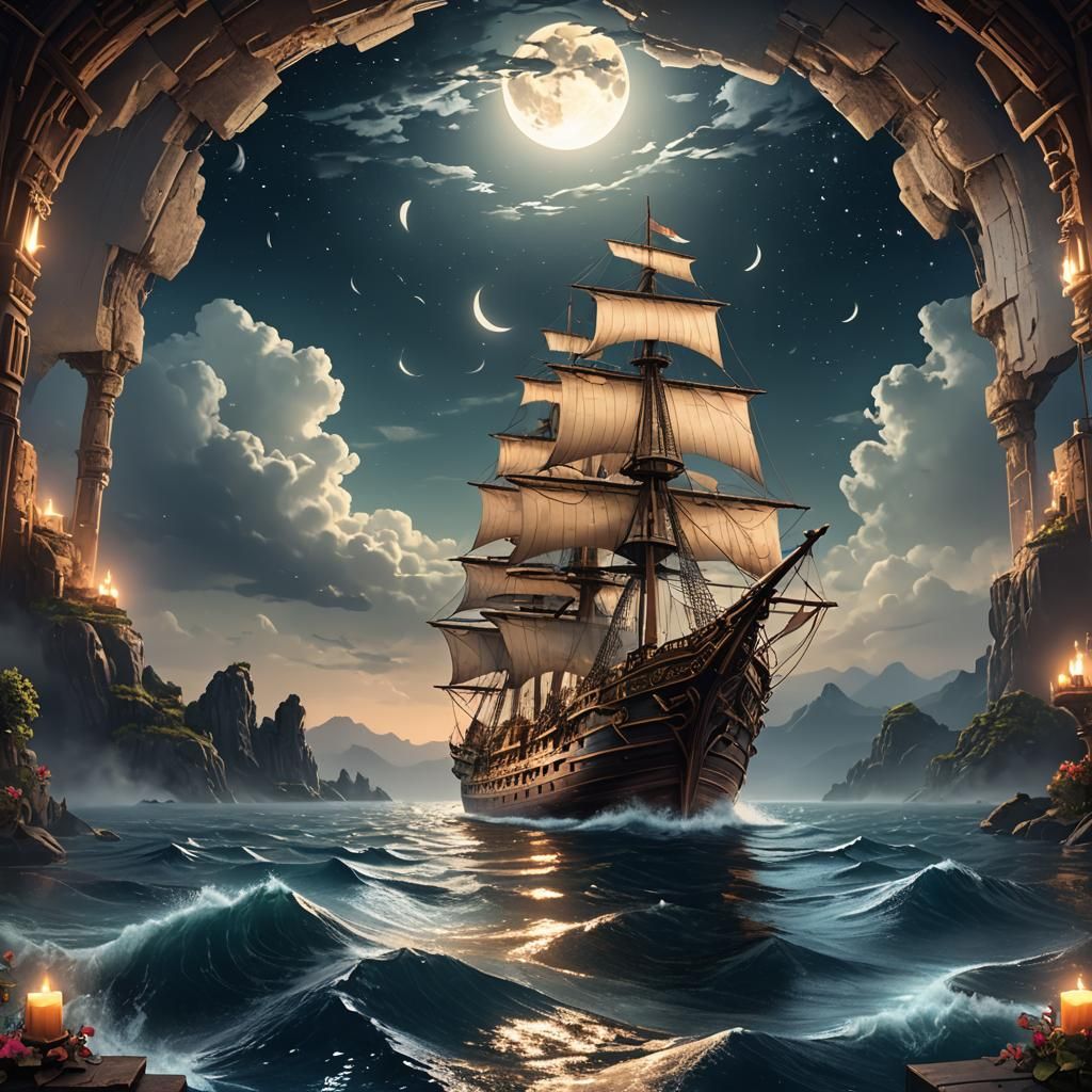 Tile art: a ship on the water,