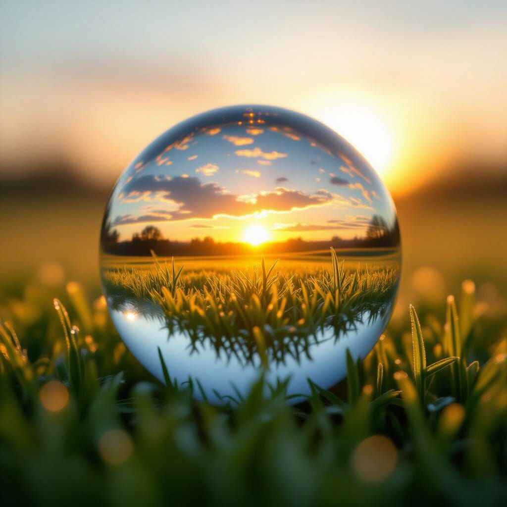 Glass Marble Captures Dewy Sunrise Landscape