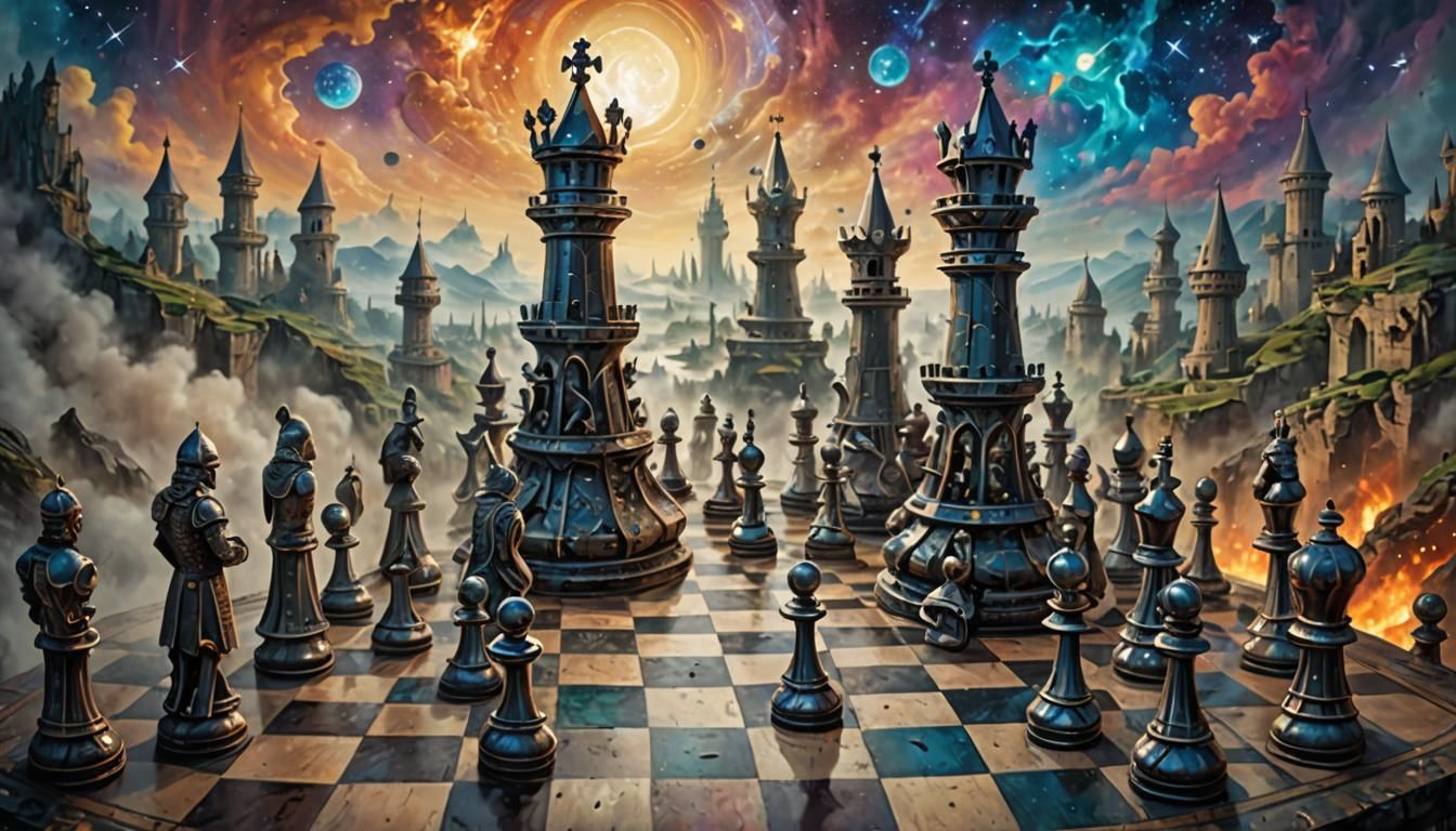 In a surreal chess battlefield, imagine towering chess piece...