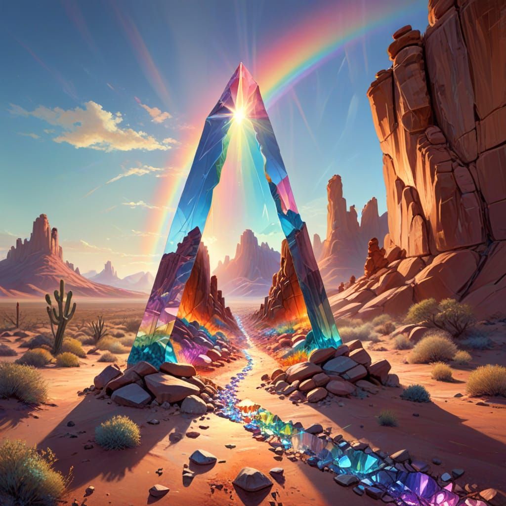 Light through a glass prism tower in a rocky desert forms a refracting rainbow path to a distant light ...  by @Barrykiel