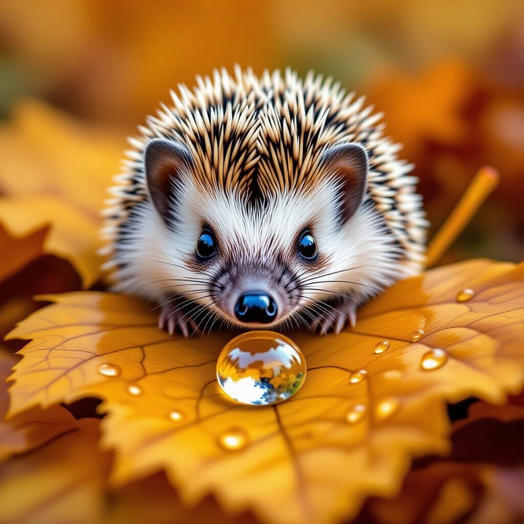 Crayon drawing, the nose and face of a hedgehog are reflected in a drop of dew on a linden leaf on an ...  by @Golem