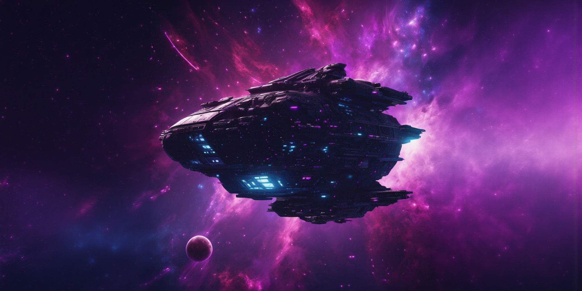 An imposing lonely dark star ship in deep space not a planet in sight just distant stars and vast nebula 