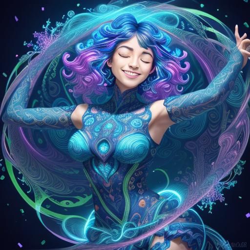 Abstract vector fractal. Medium shot. An elegantly exquistely gorgeous woman's smiling face with closed eyes and arms open, surrounded by ot...