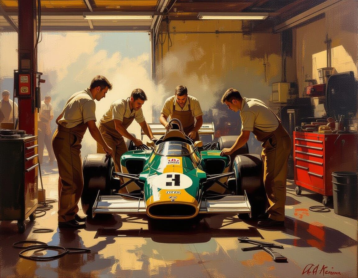 "An oil painting of mechanics prepping a 1960s Formula 1 car in a pit garage, showcasing dynamic poses and grease-streaked overalls, surroun...