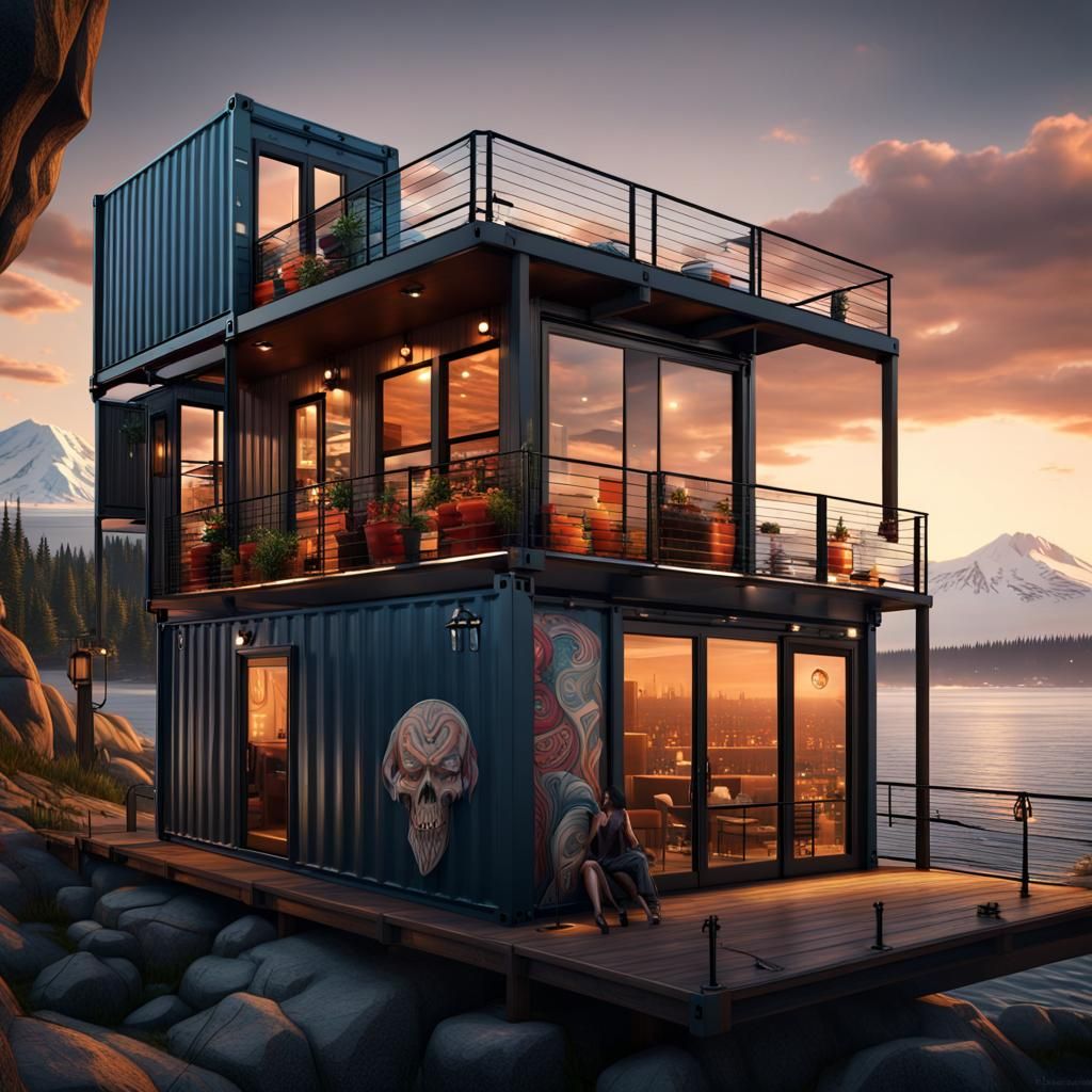 modern container home with tattoo shop on the second story w...