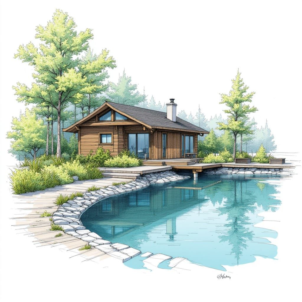 <lora:designsketch:1.0> designsketch romantic riverside cottage concept, clean black pen linework for shoreline, bridge and timber façade, ...