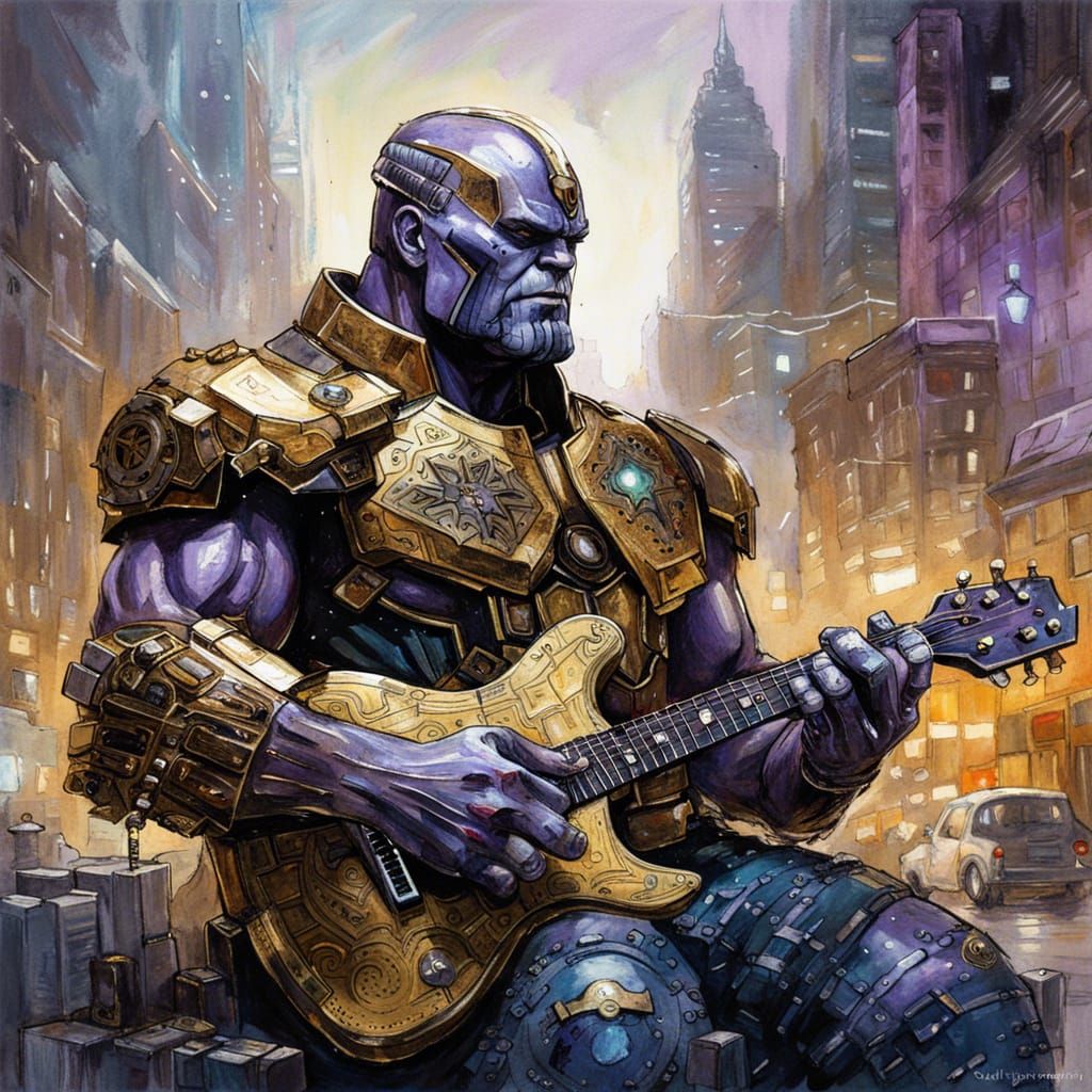 Cybernetic Thanos Plays Guitar in Glowing Cityscape