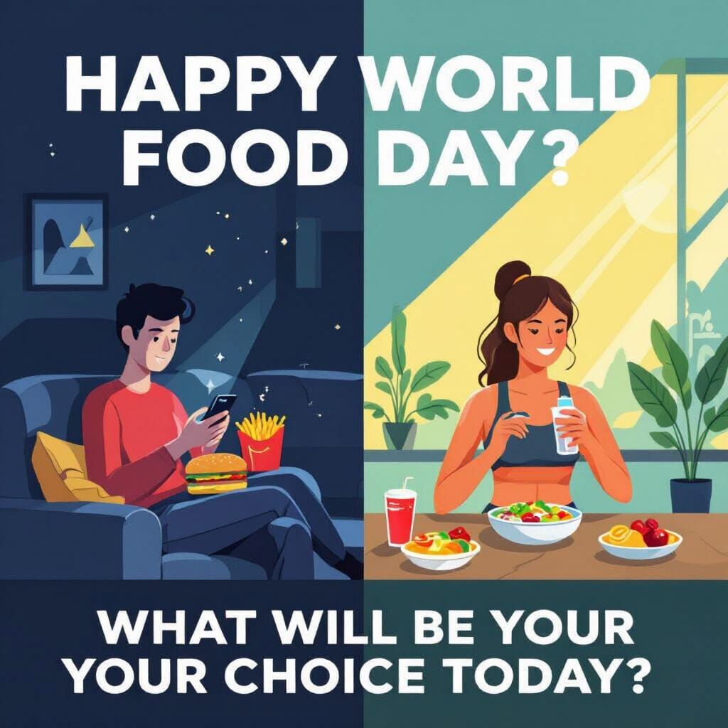 Horizontal split-scene digital illustration showing contrast between two lifestyles. On the left: a person sitting on a couch at night, scro...