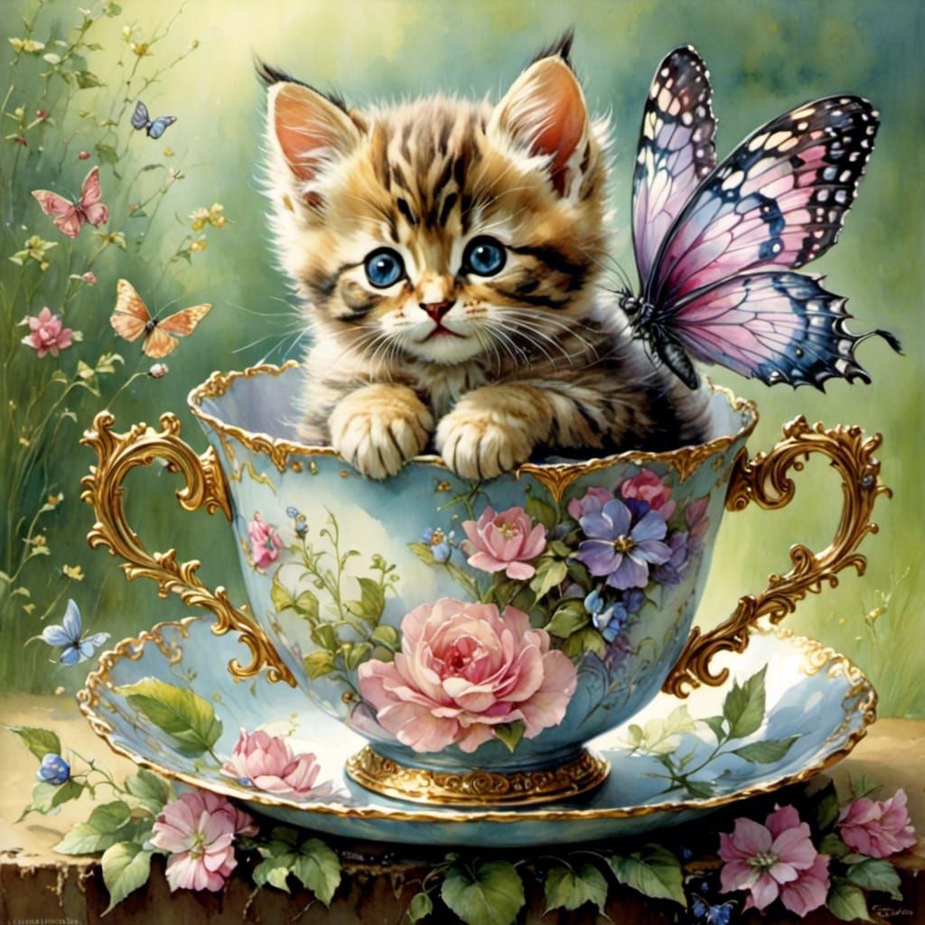<lora:FairyTails:1.0> Cute fairy kitten in a cup of tea