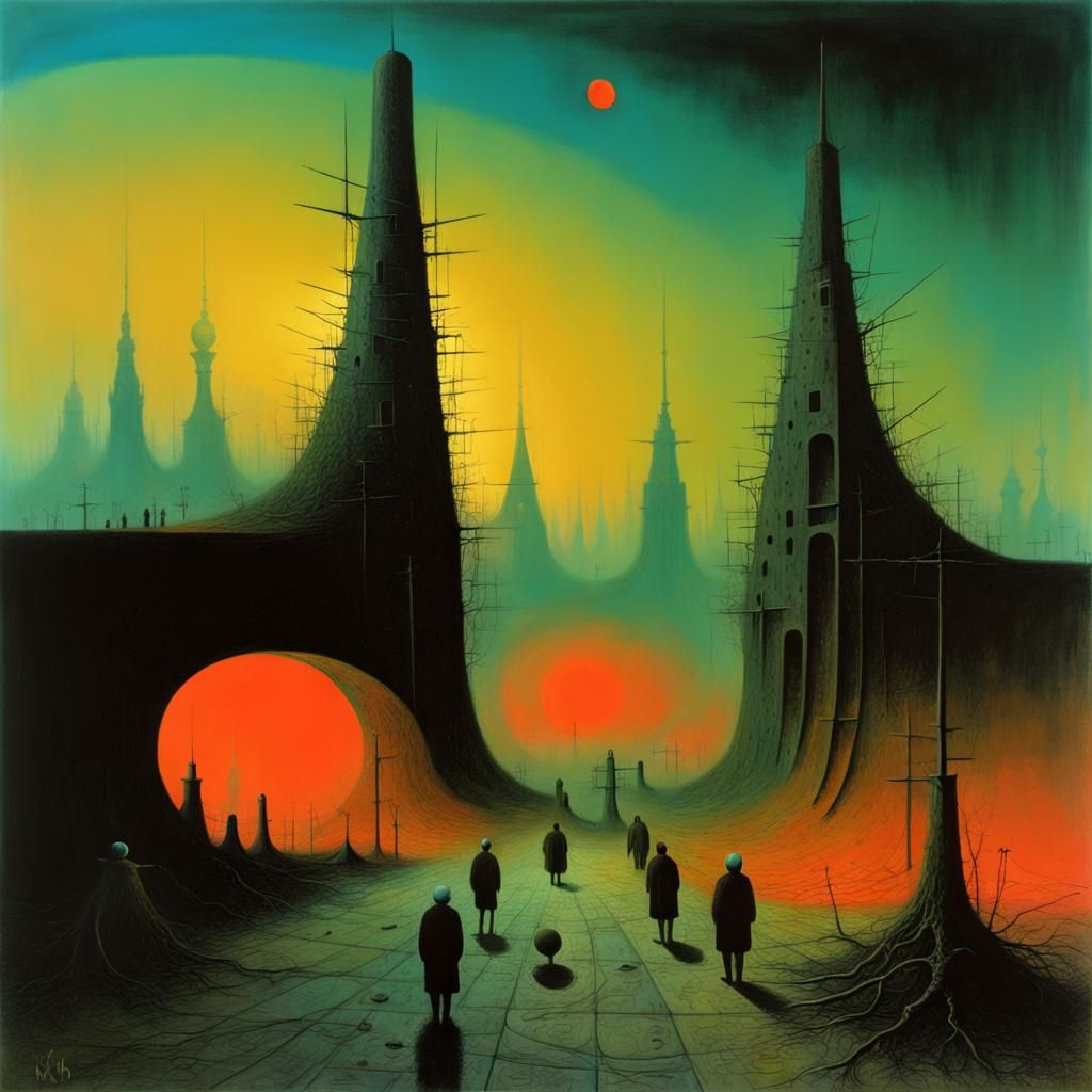 Abnormal Synchronized Chaos, surreal neon cityscape, Zdzisła...