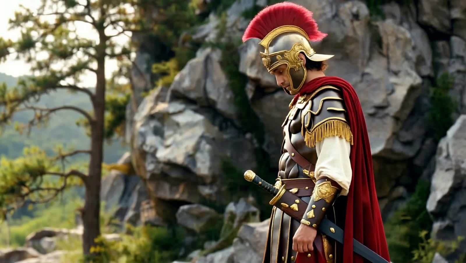 an anime handsome male Roman soldier, heroic, epic, glow, breathtaking, captivating, very detailed, side view, art by at...