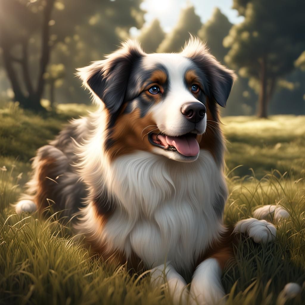 A real-life-looking image of an Australian shepherd tan and white on ...