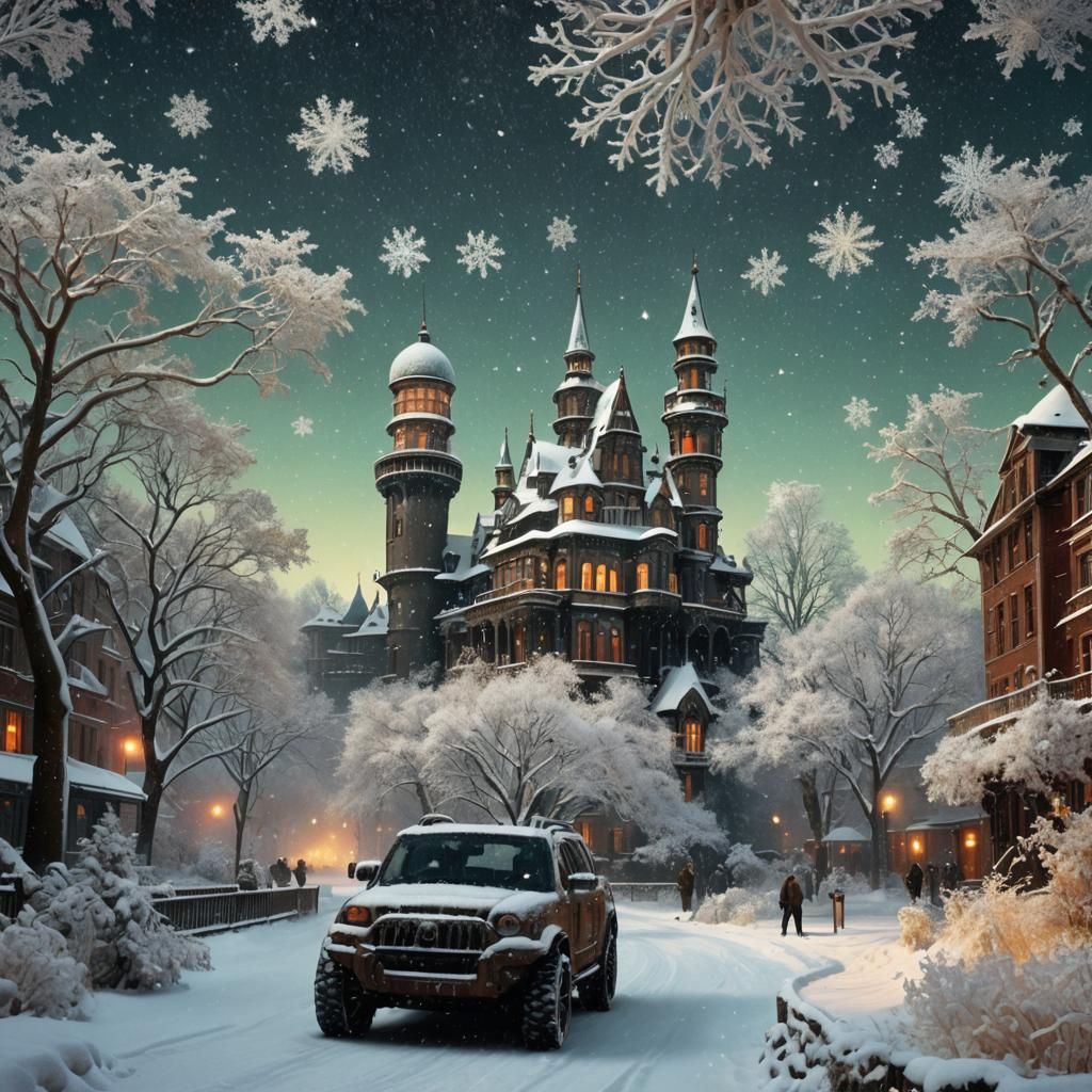 A magical snowscape where the snowflakes glow in different c...