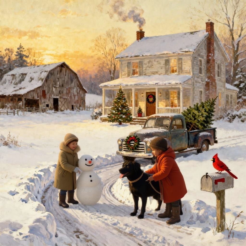 A snowy winter scene with a tattered barn in the background, an old two story house with smoke coming out of the chimney, a wreath on the fr...