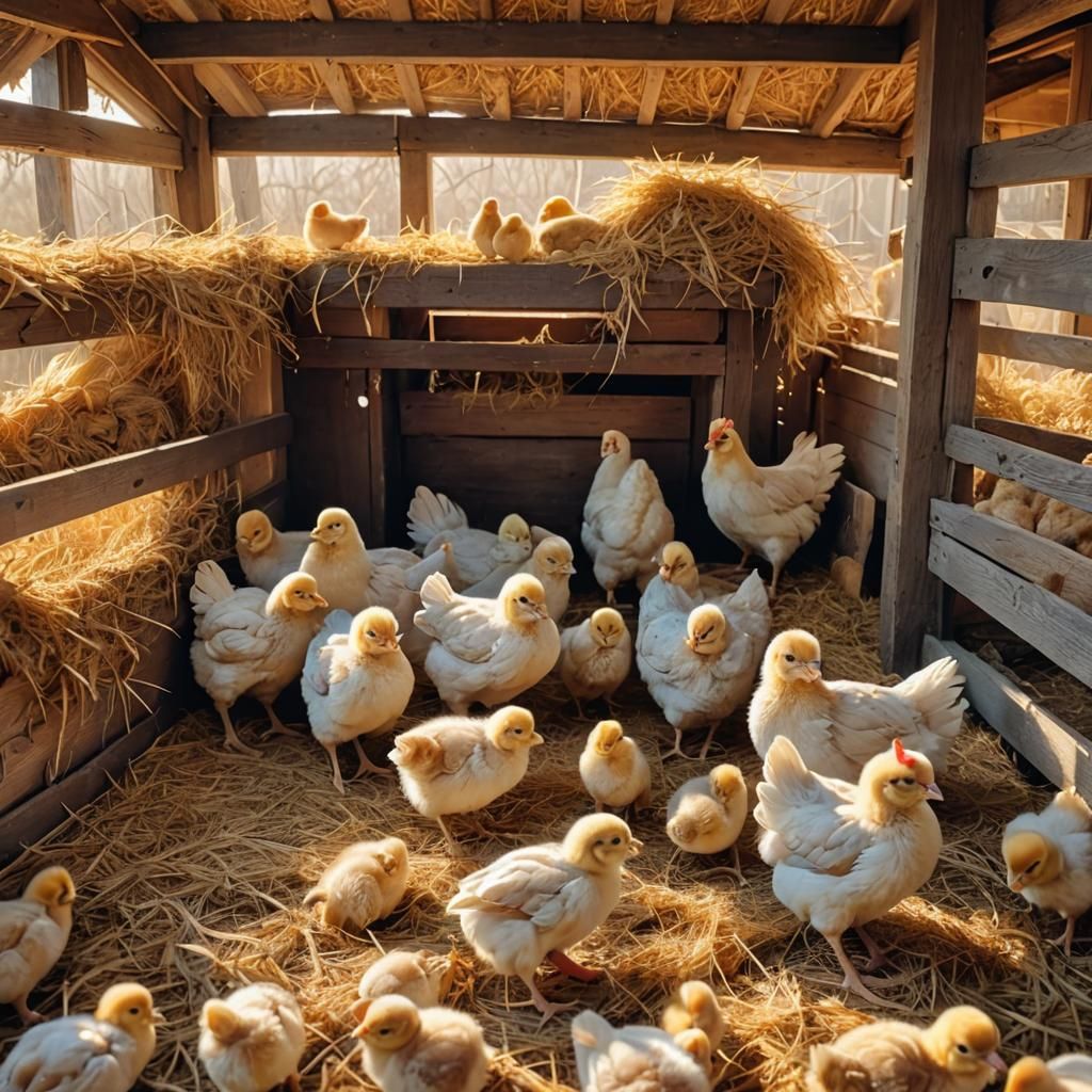 Chicks Enjoying a Meal in Sunlit Rustic Coop