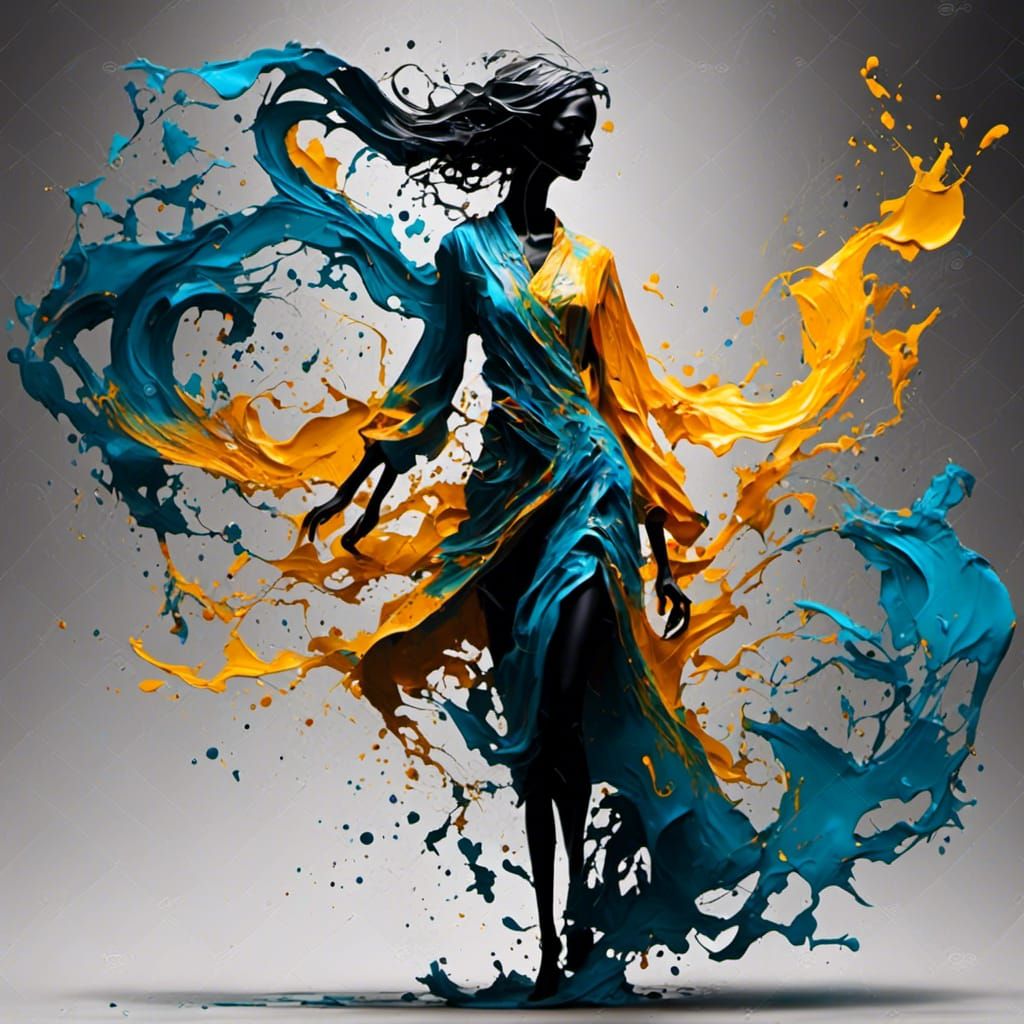 <lora:Oolii:1.0>  Silhouette full body petite female figure with wind blown luminous robe figuratively loose airbrush paint