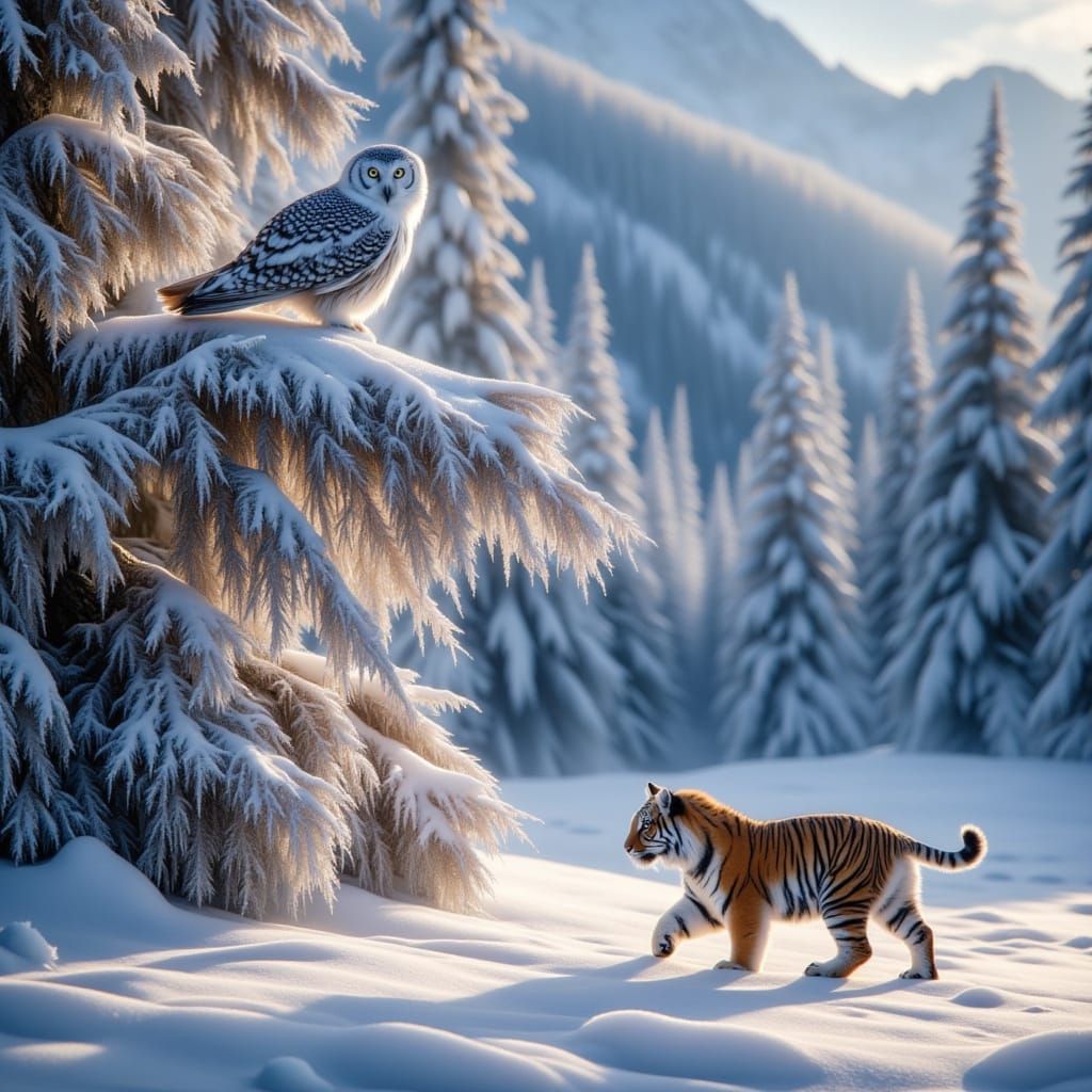 <lora:Dalle3 free upscaler:1.0>winter snowy wildlife endangered birds and animals mountain tim flach style