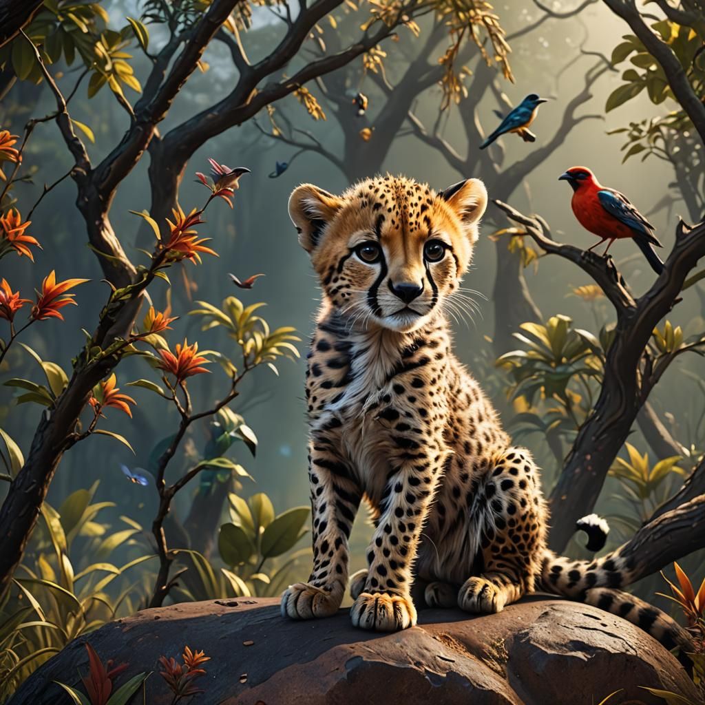 Baby cheetah and bird hybrid
