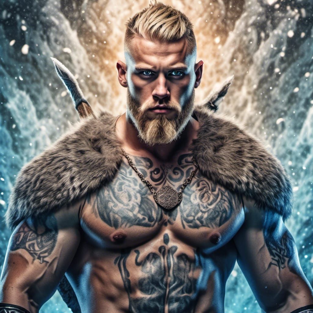 a full body image of a Handsome viking shirtless big muscle 20 year-old man short blonde hair , viking warrior tattoo with with  wolves besi...