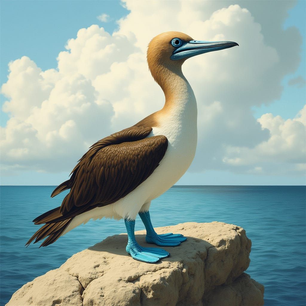A blue footed booby on a rock by the ocean. 