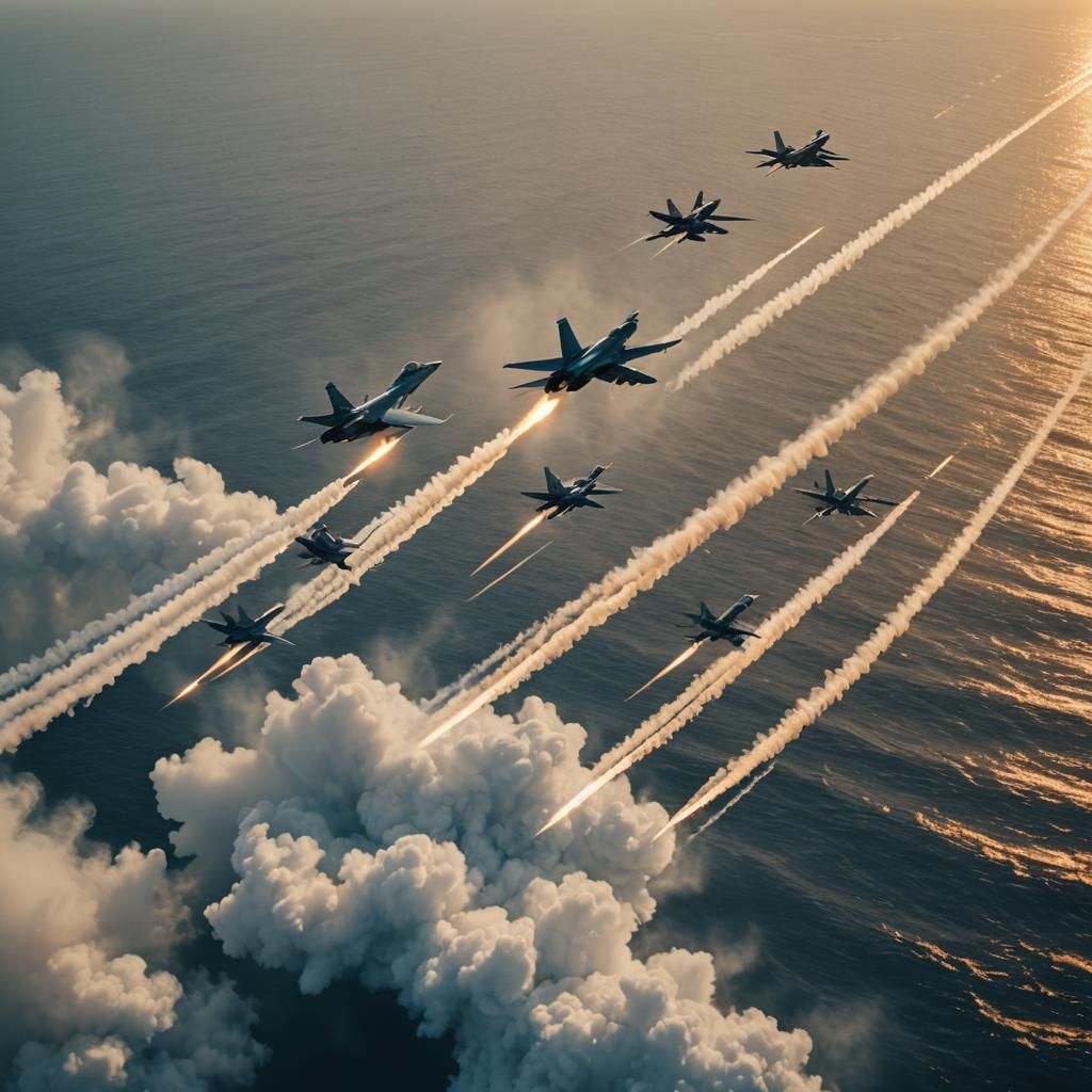 Fighter Jets Soaring Over Ocean at Sunset