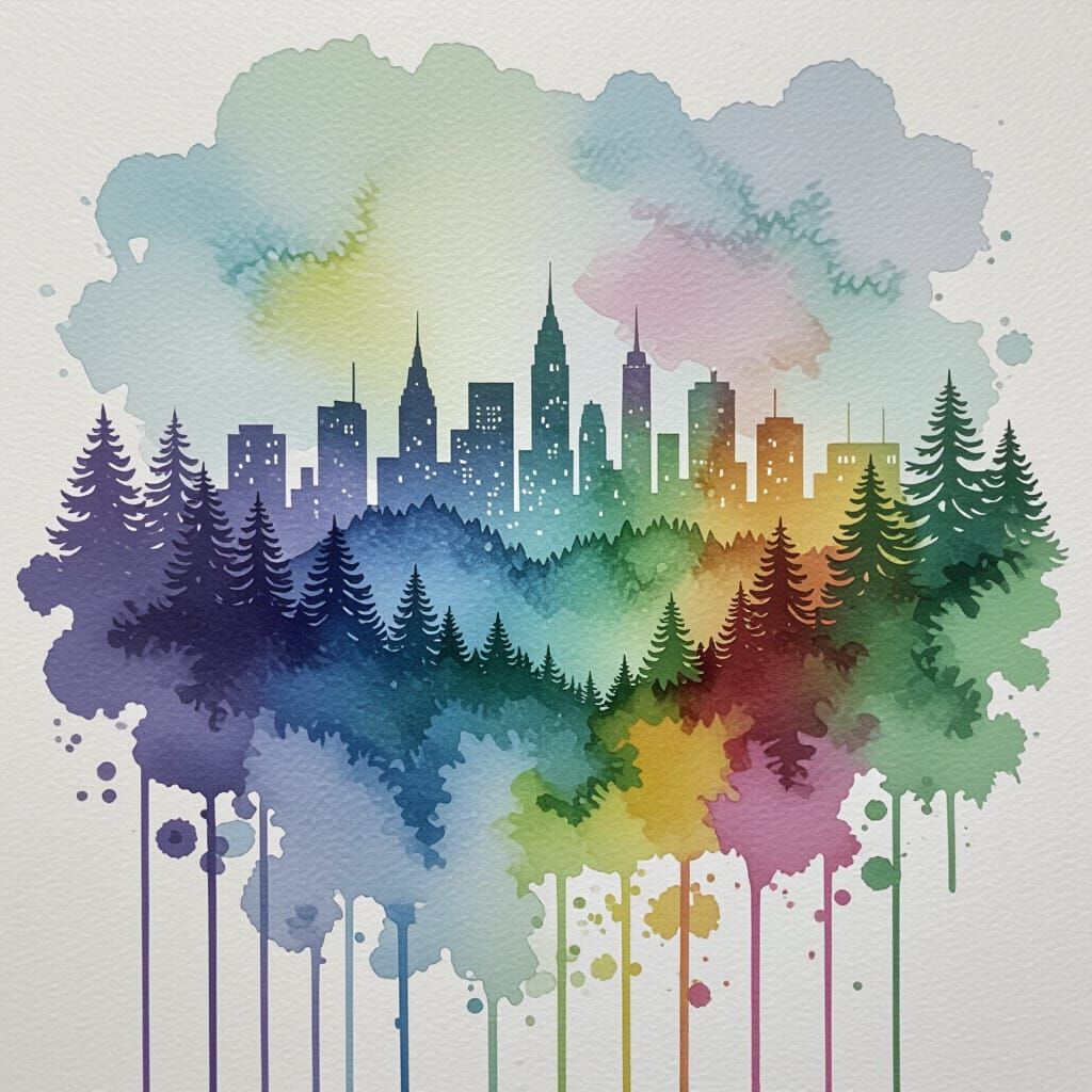 Watercolor Cityscape Behind Forest