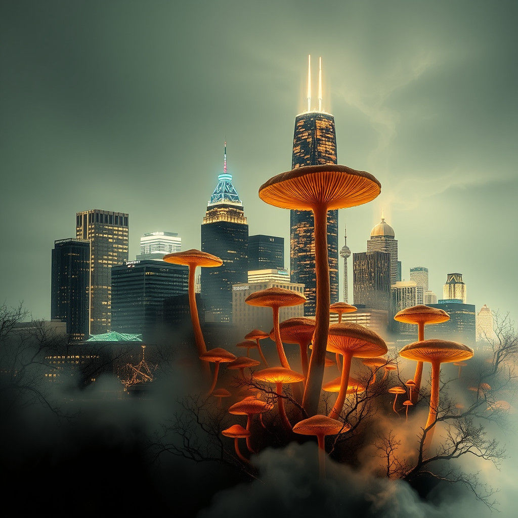 Houston skyline, constructed from morel and enoki mushrooms.