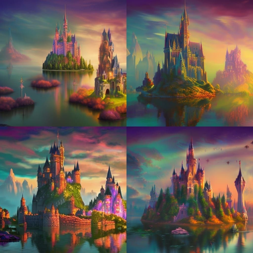 Majestic fantasy Crystal castle across waterways, castle skyline ...